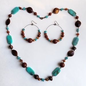 Vintage boho brown turquoise bead necklace earrings set
